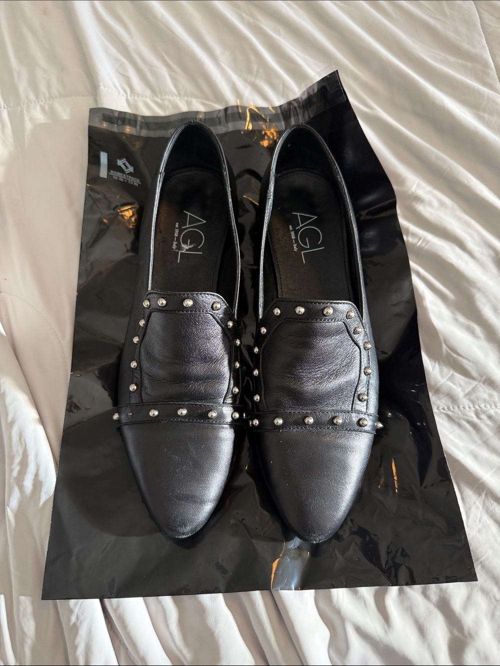 AGL Black Leather Studded Pointed-Toe Loafers